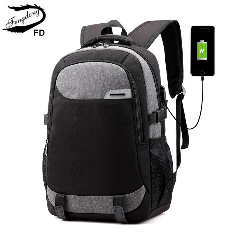 Fengdong Schooltassen Voor Jongens Usb Charge Bag Laptop Rugzak Voor School Schoudertassen Voor Mannen Student School Rugzak: black