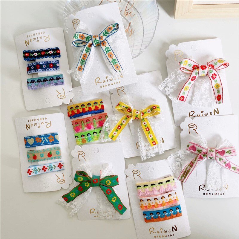 Épingle à cheveux en dentelle pour enfants petite fille pince à cheveux latérale Style ethnique chapeaux tissu arc cheveux accessoires Clips pour les filles