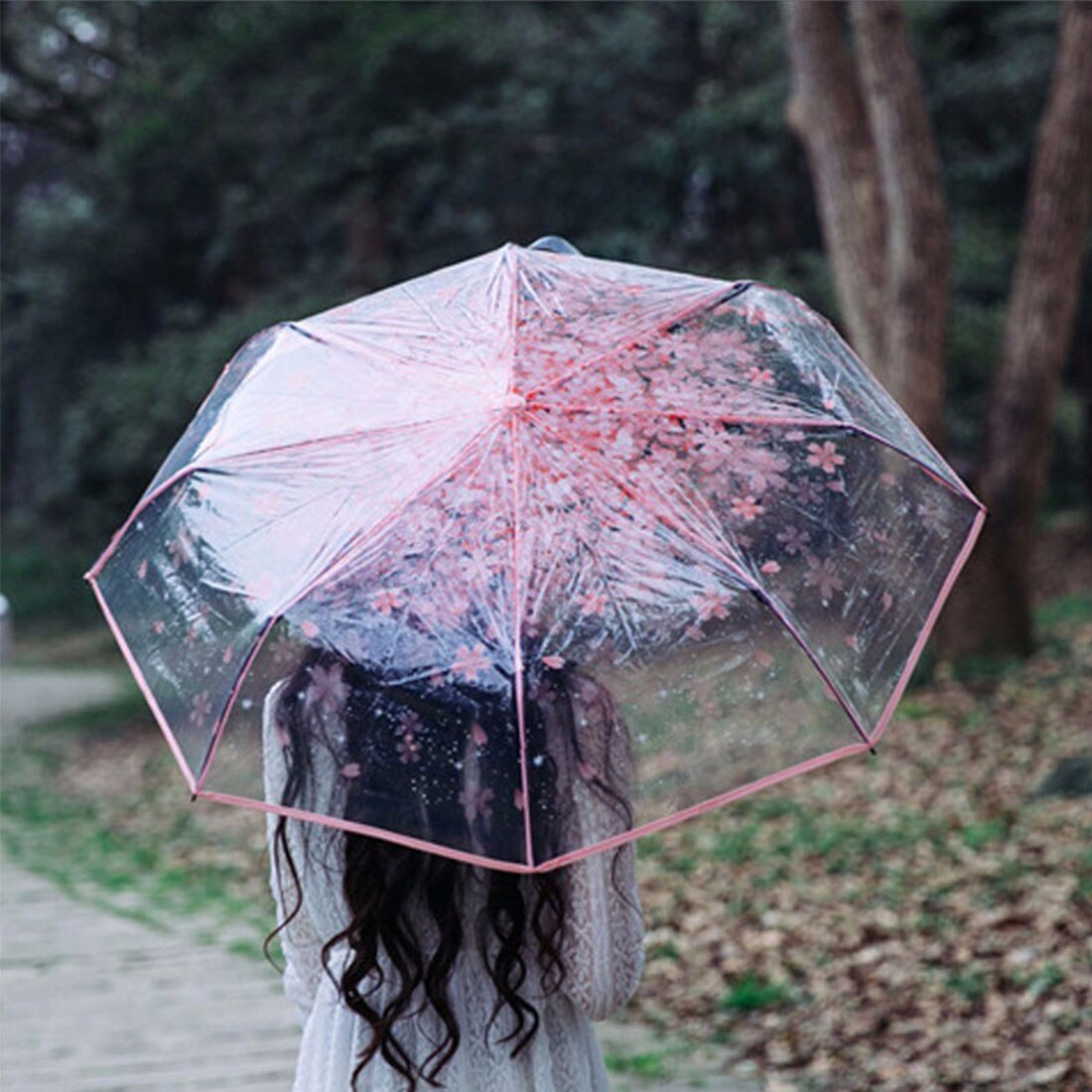 Three Fold Umbrella Women Transparent Umbrella Rain Women Umbrella 3 Folding Classic Cherry Sakura Pattern Clear Umbrella