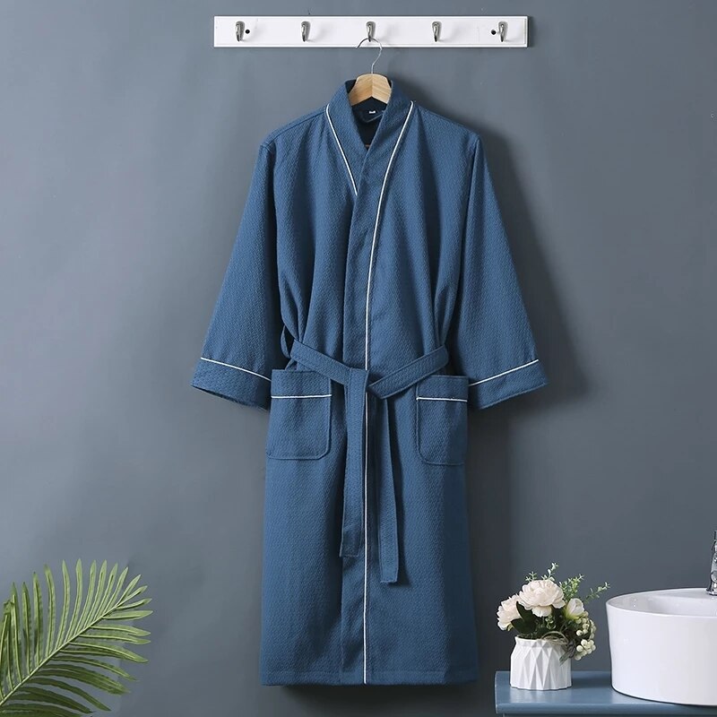 Thin Waffle Bathrobe 100% Cotton Robe Lovers Hotel Robe Men&#39;s Robe Bathrobe Soft Sleeprobe Male Casual Bridesmaid Homewear: Blue / XL(175-190cm)