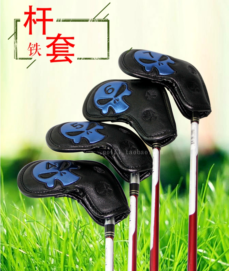 Waterdichte golfijzerhoezen, golfclubhoofdhoezen, ijzerbeschermers, geborduurd doodskopmotief van pu.