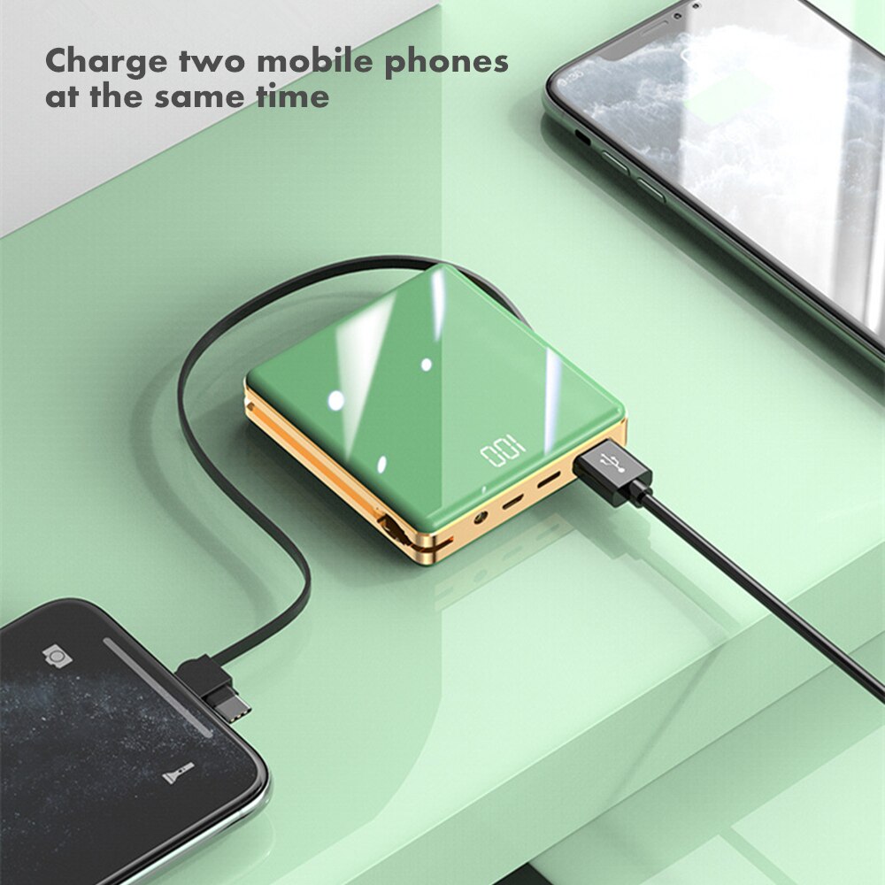 Mini powerbank 10000 mah externe batterij led-verlichting draagbare reis powerbank snel opladen back-up powerbank met kabels