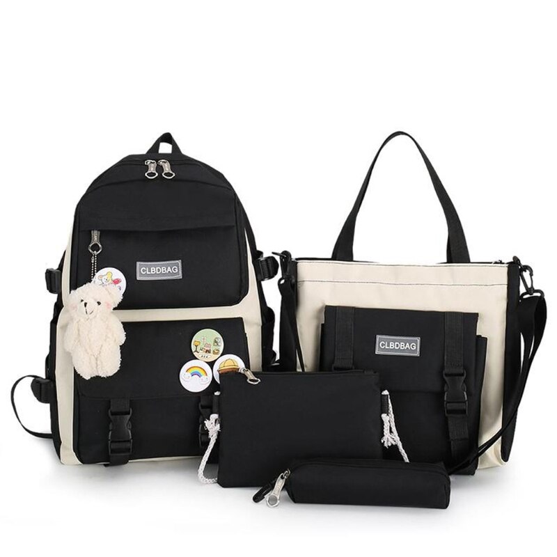 4pcs/set Canvas School Bag for Teenagers Girls Student Women Travel School Backpacks Female Book Bags: black