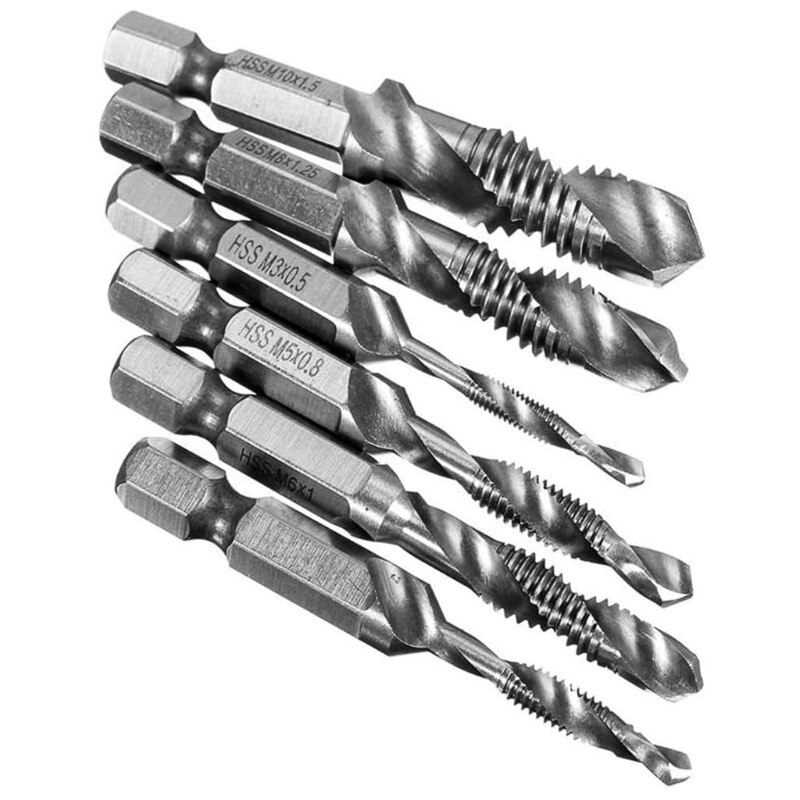 6pcs M3-M10 Screw Tap Drill Bits HSS Taps Countersink Deburr Set Metric Combination Bit 1/4Inch Hex Shank Quick Change