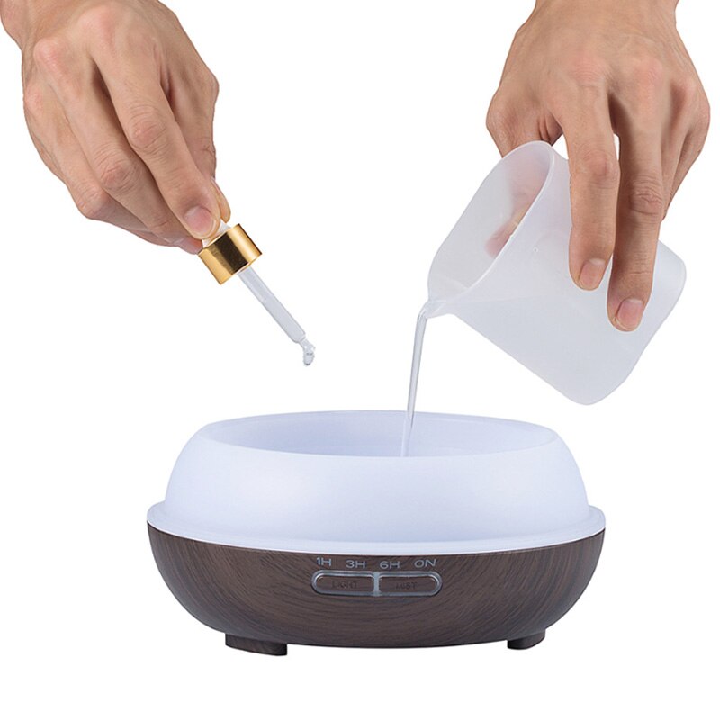 Difusor de aceite esencial de aromaterapia de 500Ml, difusores ultrasónicos de niebla fría de grano de madera con luces LED de 7 colores, cierre automático sin agua