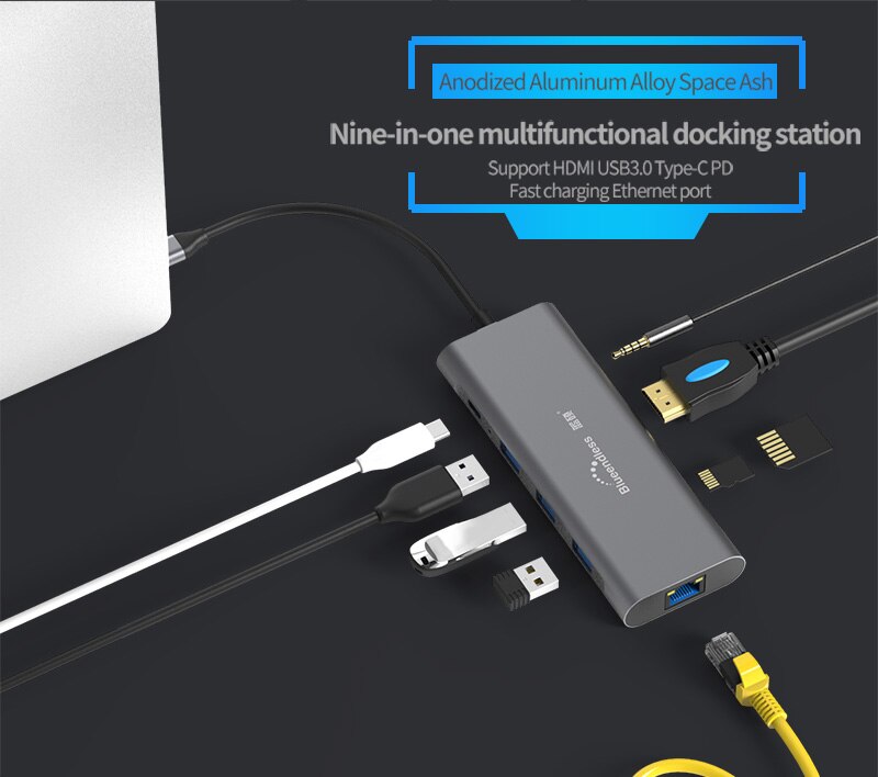 sottile USB C centro 9 in 1 TypeC a 3.0 HDMI TF LAN PD USB centro Adattatore per Macbook ek