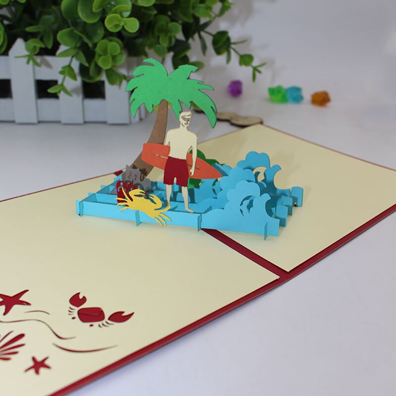 Paper Cut Origami Coconut Tree & Beach Greeting Card 3D Surfing Boy/Girl Cartoon Card Handmade Happy Birthday Card