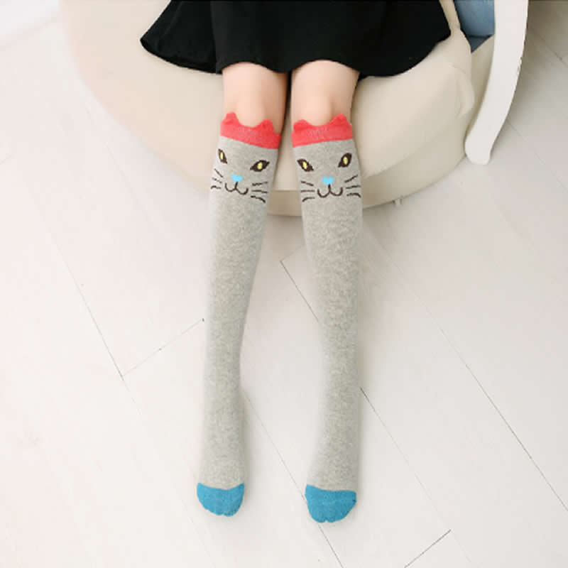 Chaussettes hautes en coton pour enfants, motif dessin animé, imprimé chat, renard: Gray cat