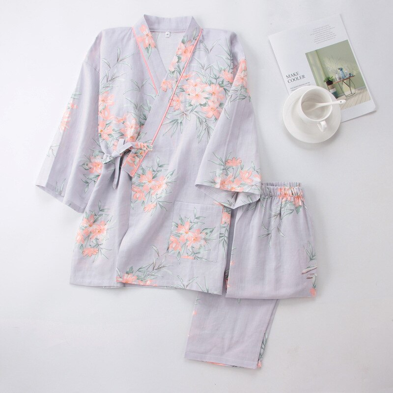 Yukata de estilo japonés para mujer, ropa de dormir con Kimono Floral de primavera, conjunto de pijamas finos de algodón para el hogar, ropa de dormir de ocio para mujer: Color3 / L