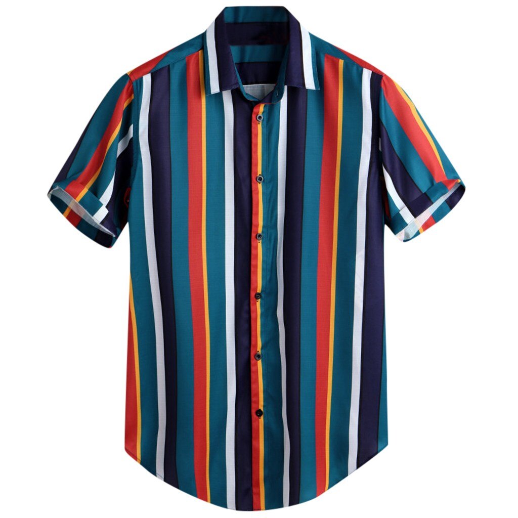 Feitong brand bluse mænds baggy beach hawaiian print shirts stribet kortærmet knap retro skjorter toppe bluse mænd chemise: M