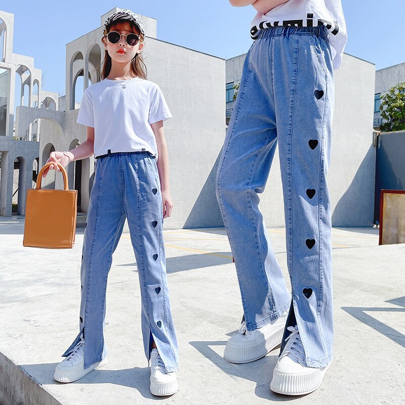 Zomer Meisjes Broek Dunne Jeans Liefde Hartvormige Borduurwerk Wijde Pijpen Jeans Split Lange Broek 4 5 6 7 8 9 10 11 12 13 Jaar Kinderen