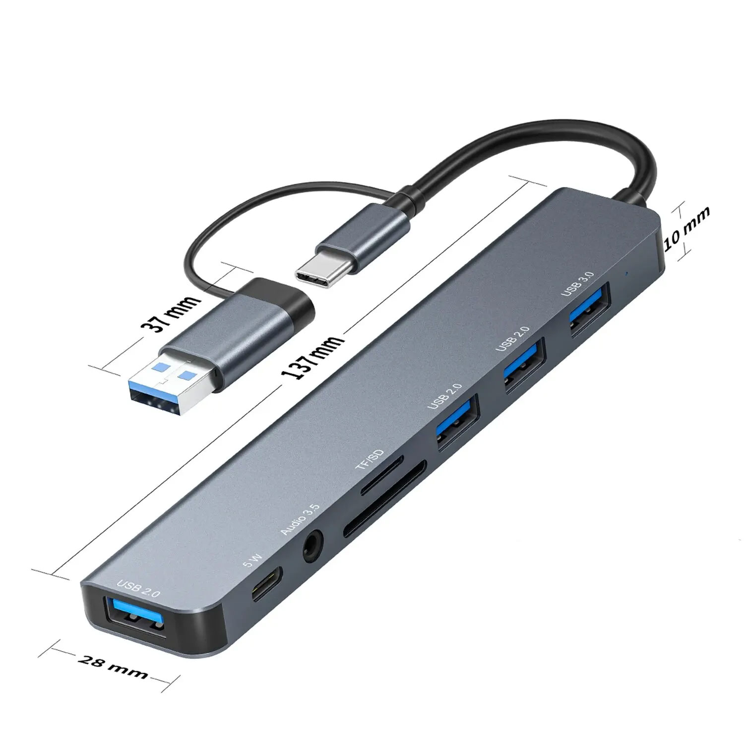 Airies USB 3.0 en aluminium 8 en 1, z 1 X USB 3.0, 3 X USB 2.0 i 1 X USB C, czytnik kart SD/TF, 3,5 mm, porty m.com