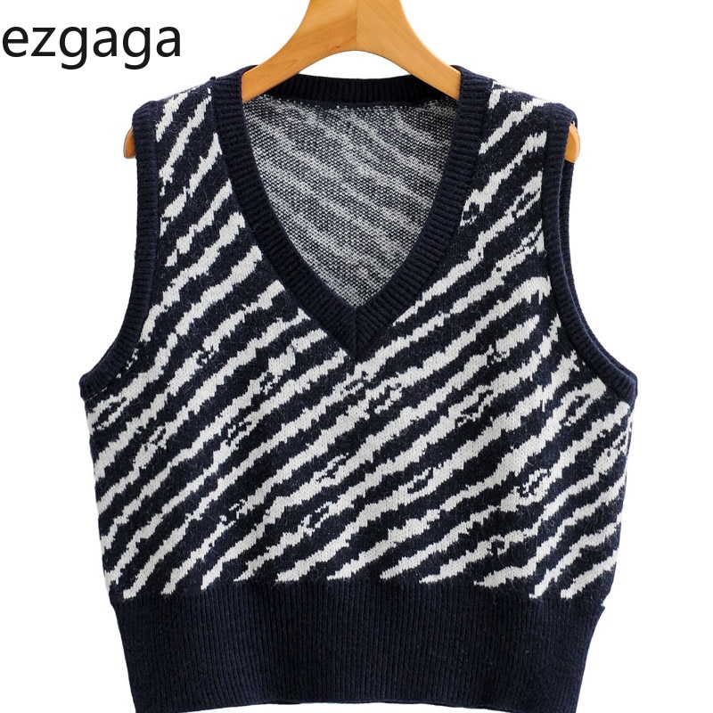 Ezgaga zebra rand stickad väst höst ärmlös tröja dam all-match dam tröja casual street vinterkläder