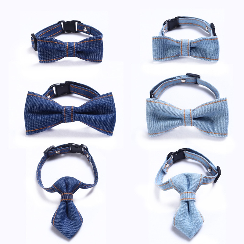 Pet Cat Collar Simple Denim Bow Tie Cat Dog Adjustable Tie Collar Pet Accessories Supplies