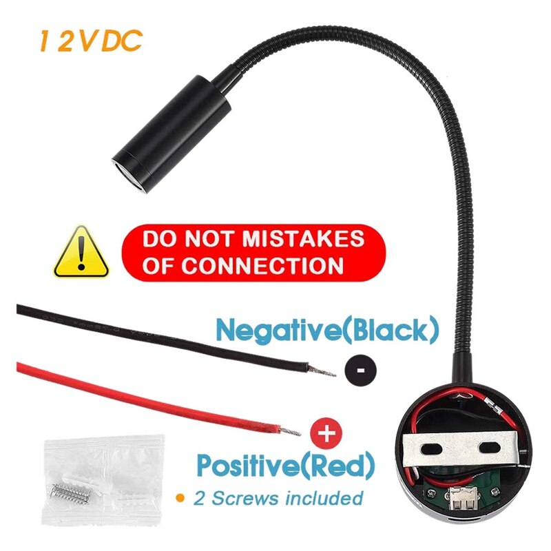 2PCS DC 12V Reading Light with USB Charging Port, RV Interior Lights, Flexible LED Light Fixtures