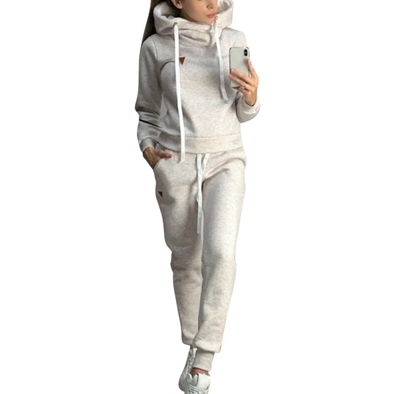 2 Piece Winter Tracksuit Warm Sportwear Sets Women Autumn Hooded Sweatshirt Sets Sport Hoodies + Casual Jogging: Gray / S