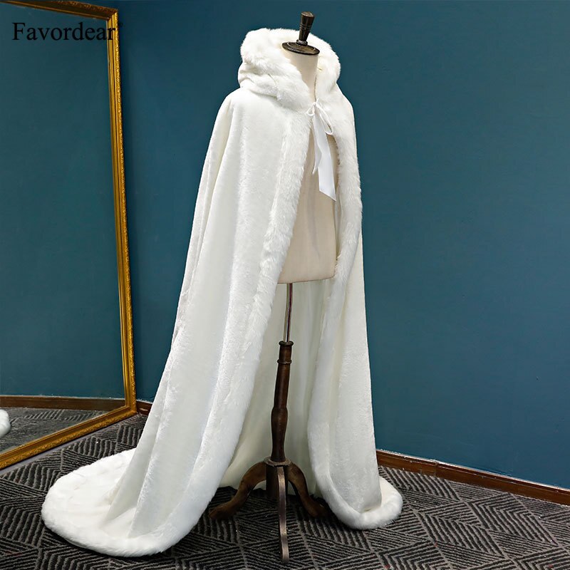 Favordear Ladys Pure White Winter Long Warm Wedding Capes Wedding Cloak For Bride Shawl Faux 0376