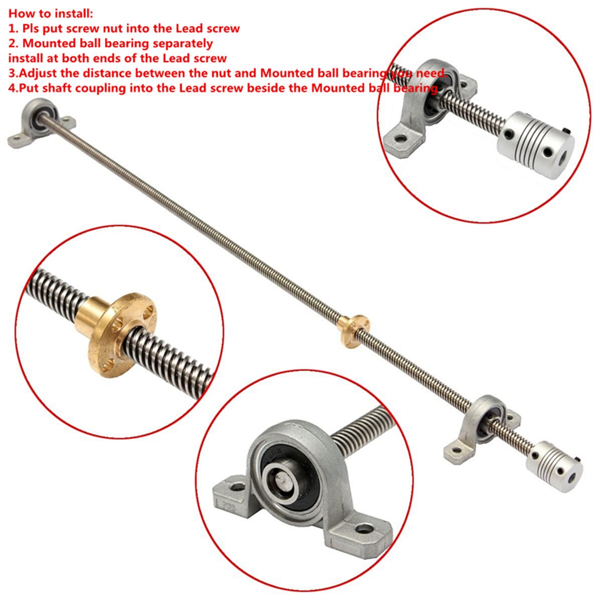 3D Printer T8 Trapezoidal Lead Screw Rod W/ Nut Coupling Shaft Bearing Mount Set