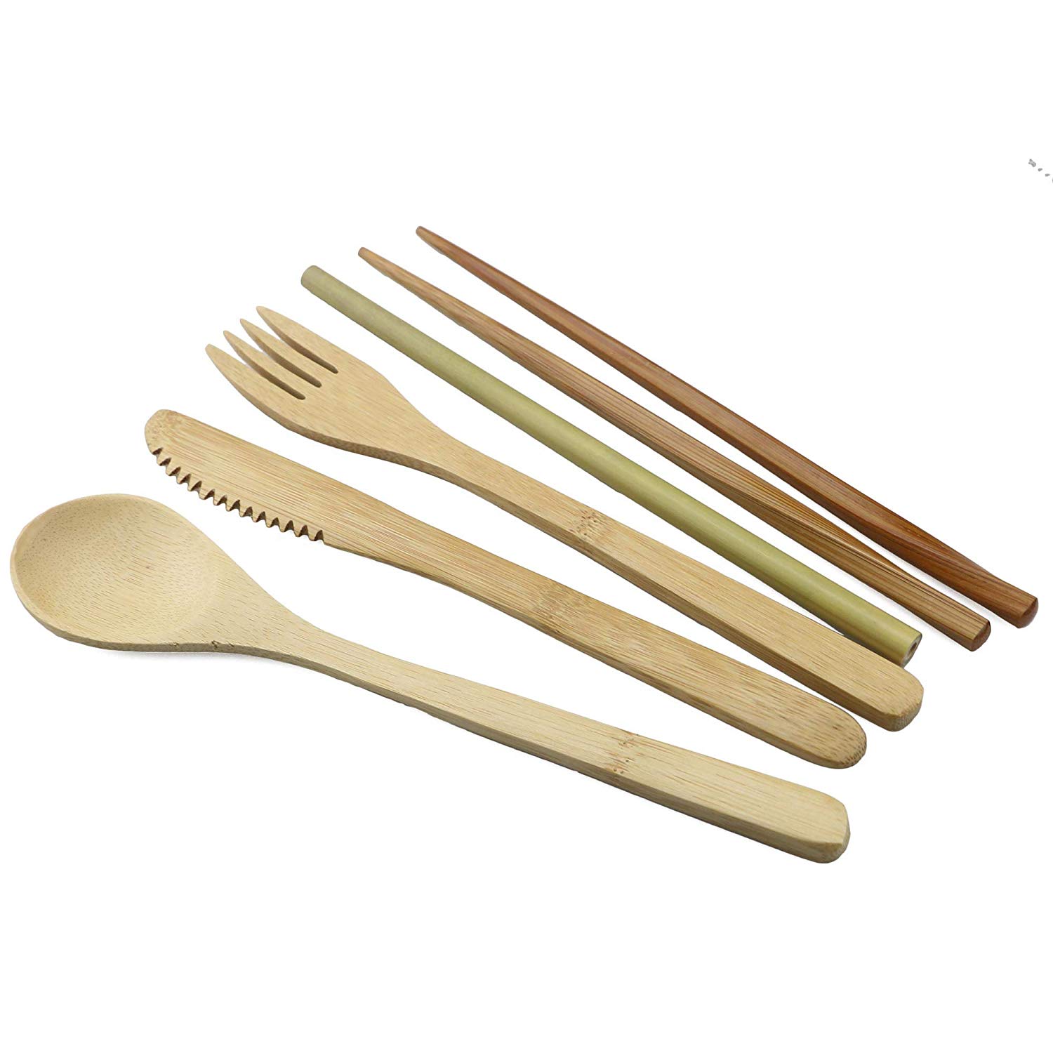 7-Piece Wooden Flatware Cutlery Set Bamboo Straw Set With Cloth Bag Knives Fork Spoon Chopsticks Travel