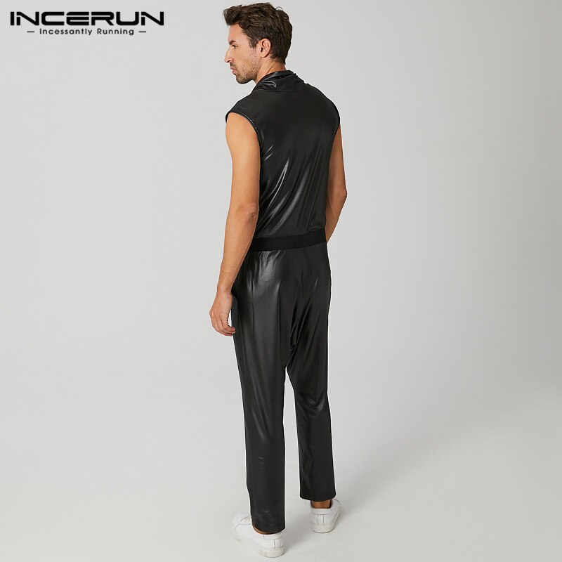 hommes combinaisons Streetwear sans manches col roulé faux cuir salopette pantalon à lacets solide décontracté hommes barboteuses INCERUN