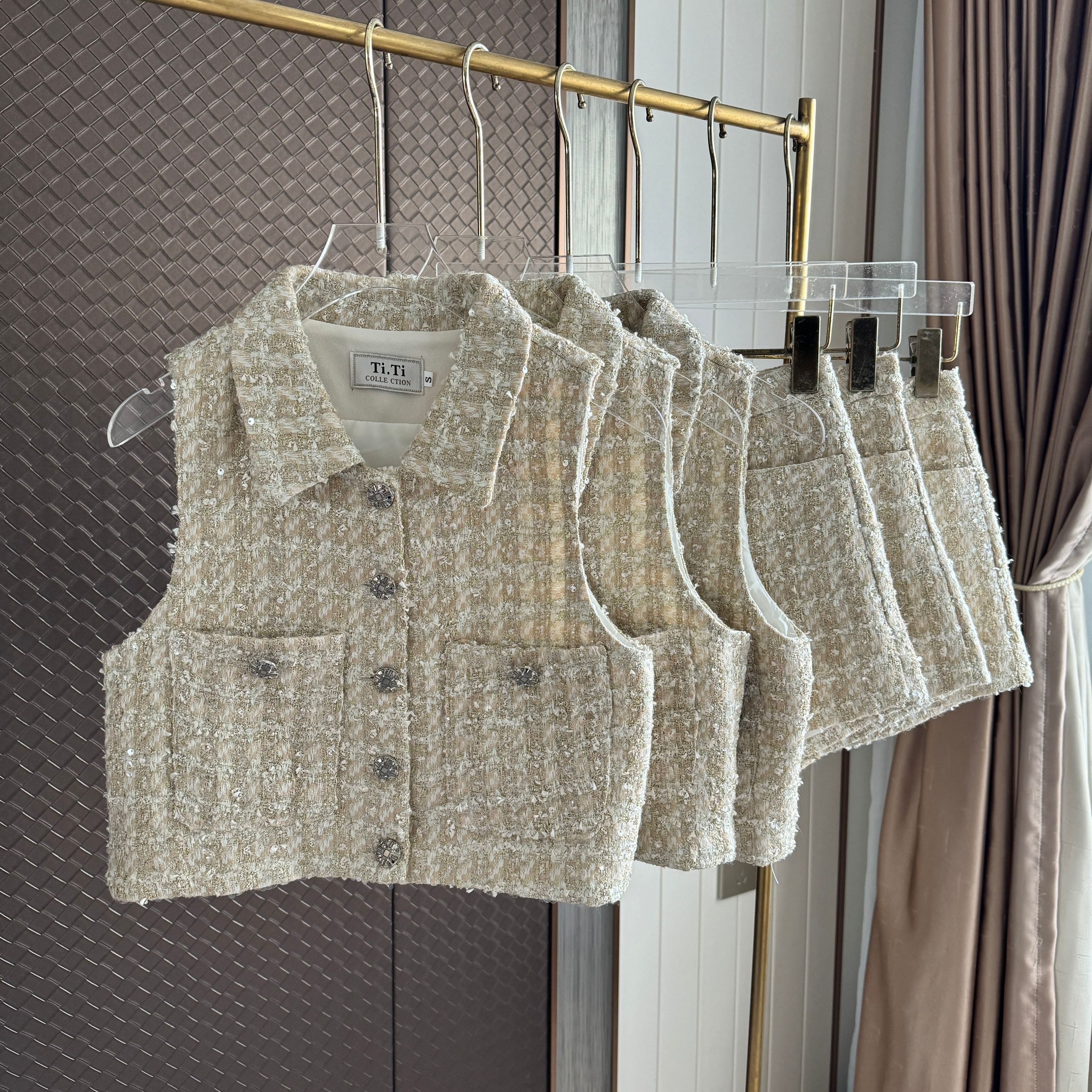 Kvinners årgang todelt paljett tweed kort kjole dame sommer høy gate ermeløs nedkrage kort singlet + shorts