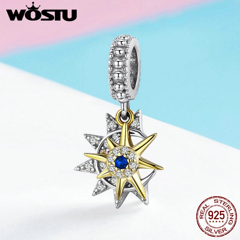 Wostu 925 prata esterlina lua estrela & ouro sol charme aaa cz grânulo caber pulseira original pingente lucky charms diy jóias cqc1135