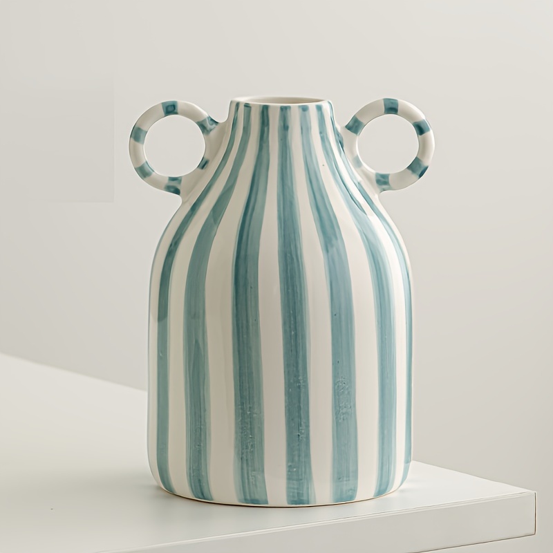 Jarrón de cerámica pintado a mano con asas dobles, de cilindro a rayas para decoración de sala de estar, terraza, adornos decorativos
