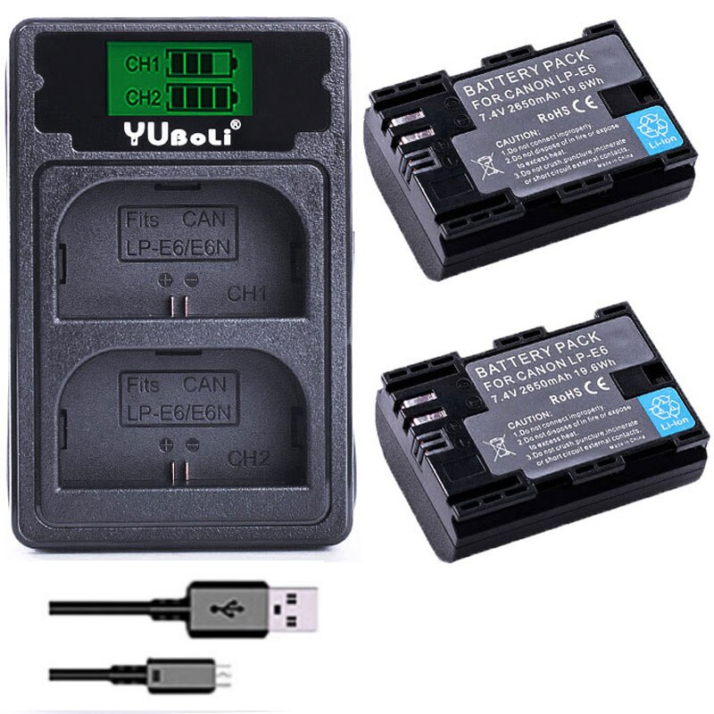 4x2650mAh Li-ion Battery LP-E6 LP-E6N lpe6 LP E6 E6N Batteries for Canon LP-E6 EOS 5DS 5D Mark II Mark III 6D 7D 60D 60Da 70D: charger and 2battery