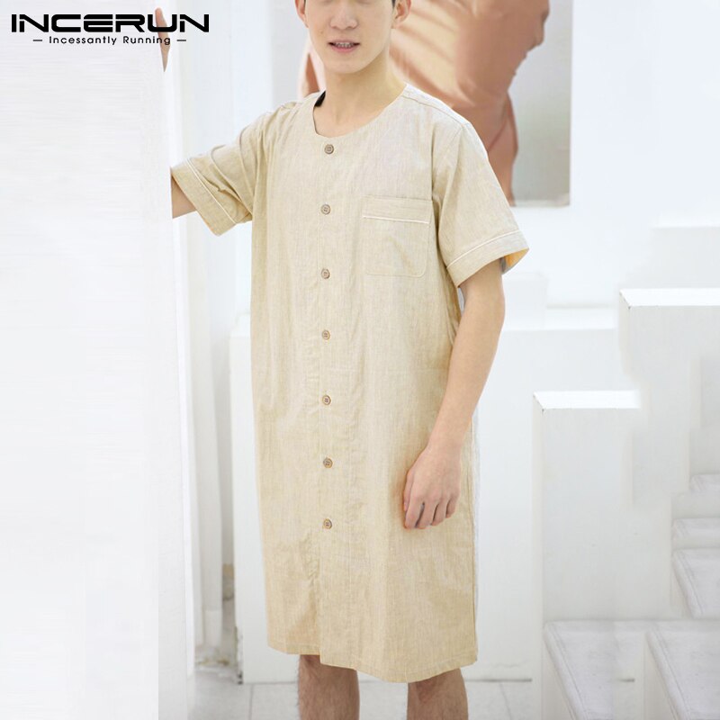 Summer Men Robes Solid Color Short Sleeve Button Up Comfortable Cotton Homewear Bathrobes Leisure Mens Nightgown S-5XL INCERUN