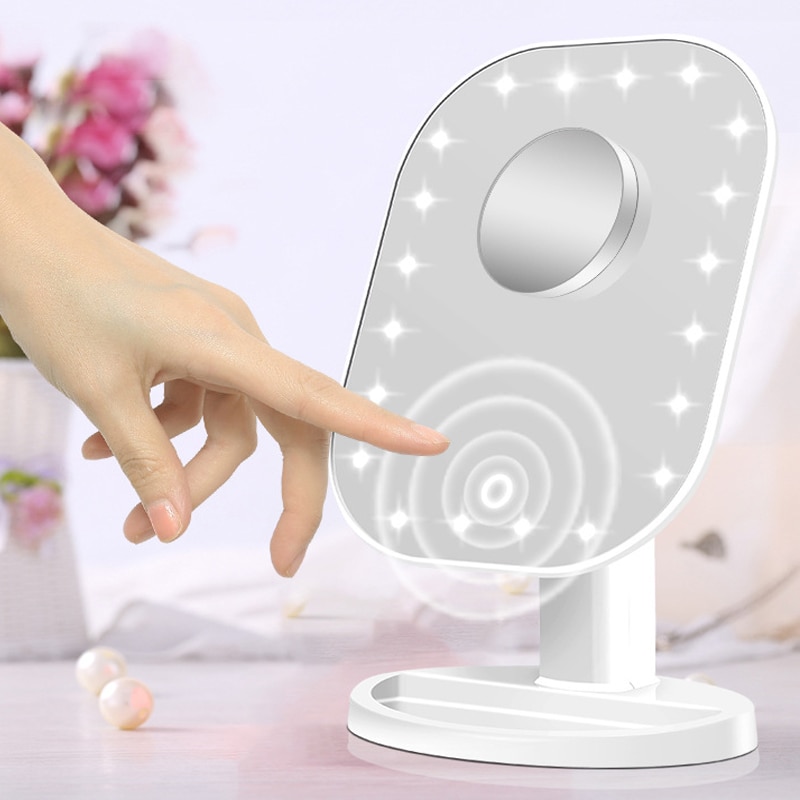 Lumière de nuit, écran tactile avec loupe, 20 perles LED, lampe de Table, réglable à intensité variable, double alimentation, miroir de maquillage à Led