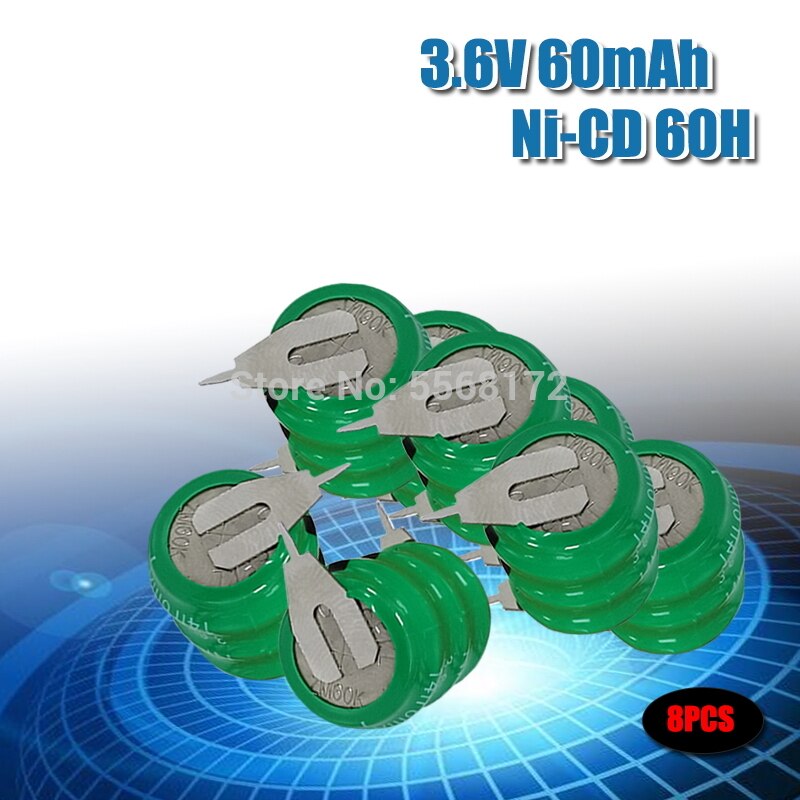 3.6V 60mAh Ni-CD Rechargeable Button Cell Battery NiCD Batteries With Soldering Pins For Wireless Earphones: 8pcs