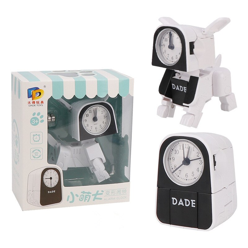 Cute Boy Kids Alarm Clock Cartoon Robot Dog Desk Clock Funny Reversible Toy Bedroom Wake Up Clock Travel Desktop Needle Clocks: white No Battery