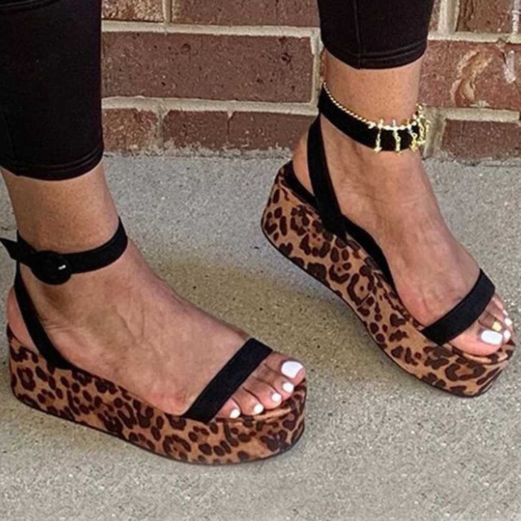 38# Wedges Shoes For Women Womens Leopard Print Open Toe Platform Buckle Ankle Straps Beach Shoes Sandals Chunky Heels
