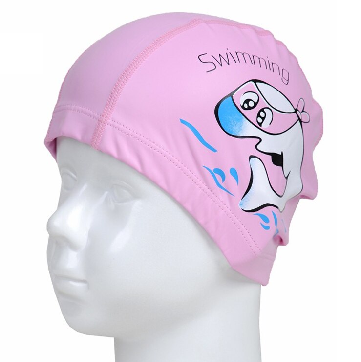 PowerPai Swimming Cap Children Waterproof PU for boys girls Comfortable Dolphine Cat Cartoon Swimming Pool Training Bathing Hood: Pink