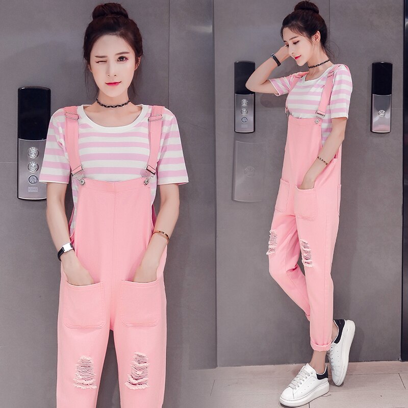 Forår og sommer koreansk atyle denim overalls til gravide kvinder pink/gul gravid bomuldsbukser med lommer