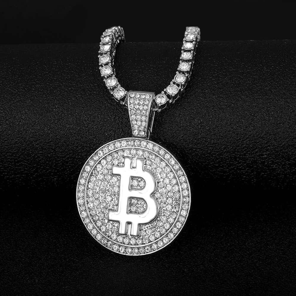 Novo iced para fora bitcoin pingente colar com 4mm corrente de tênis iced para fora bling corrente colar para homem strass cubano link chain: silver tennis / 20inch