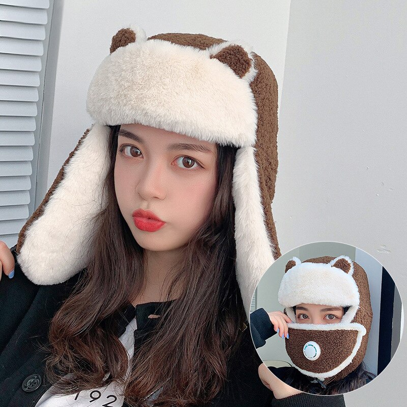 Gorro térmico 3 en 1 de piel para mujer, gorro con solapa para las orejas, máscara de esquí, para chica, a prueba de viento, Ushanka, Border, gorros de piloto: Coffe