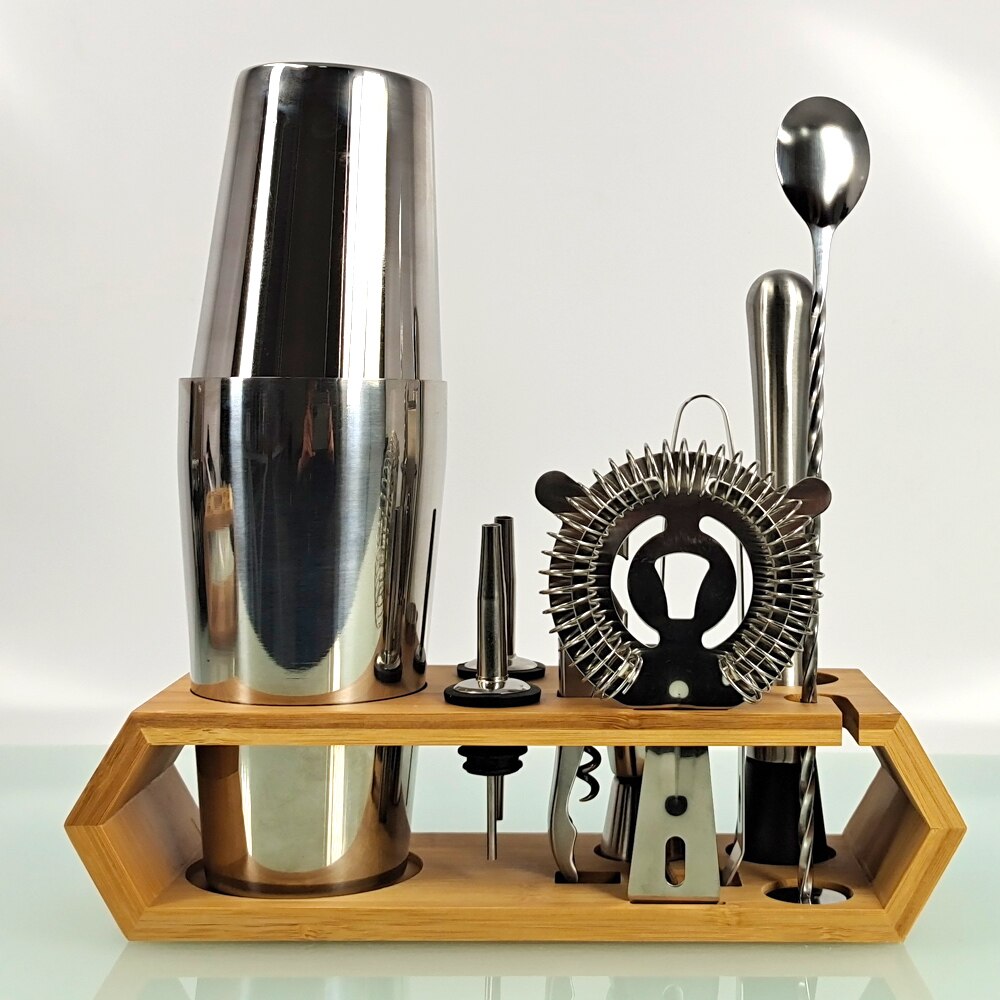10-Piece Cocktail Shaker Bar Set Stainless Steel Bartender Kit Mixer Drink BrowserKit Bars Set Rhombus Bamboo Frame: Boston Shaker