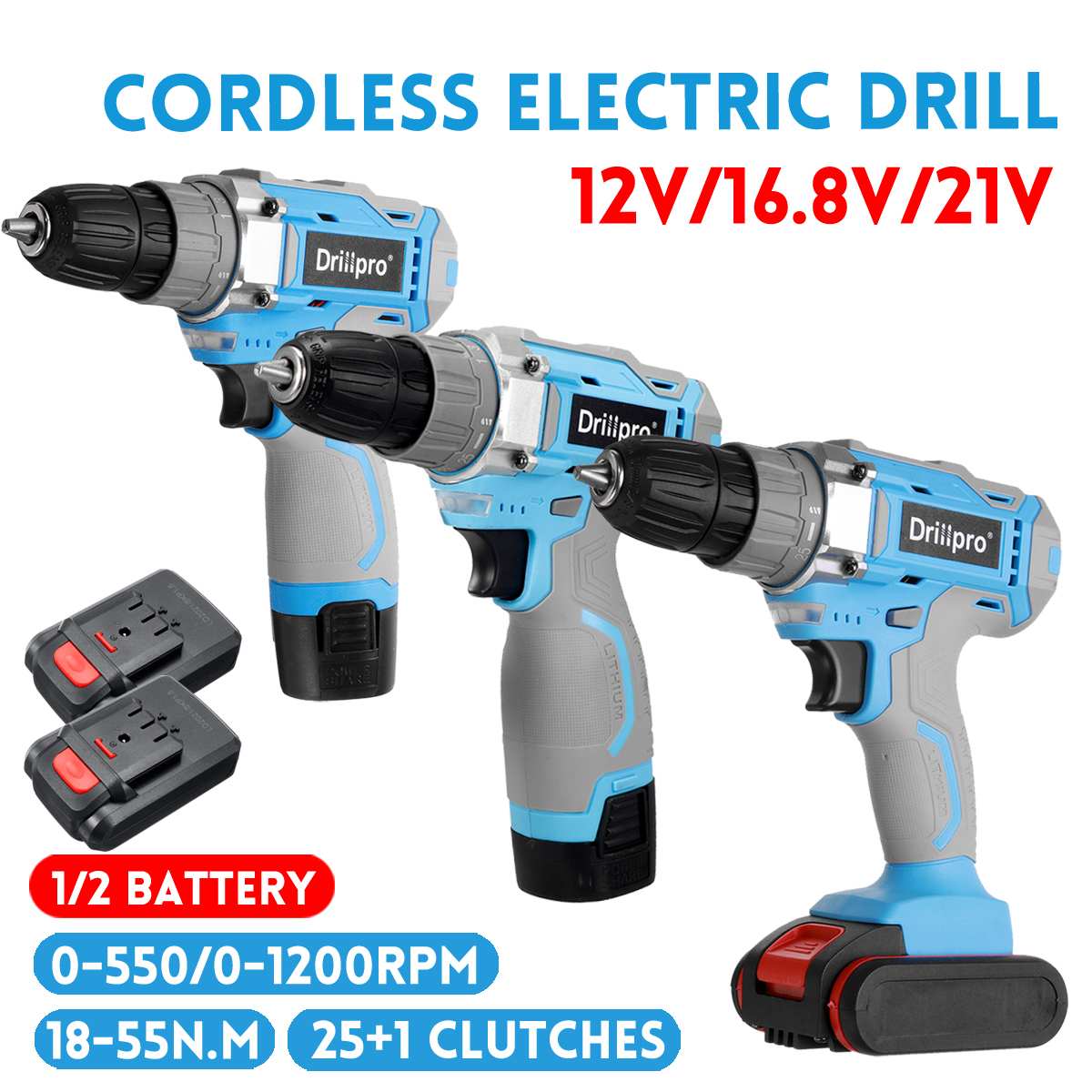 Drillpro-taladro inalámbrico de 12V, 16V, 21V, 10MM, 25 + 1, minicontrolador de potencia, batería de iones de litio, herramientas eléctricas