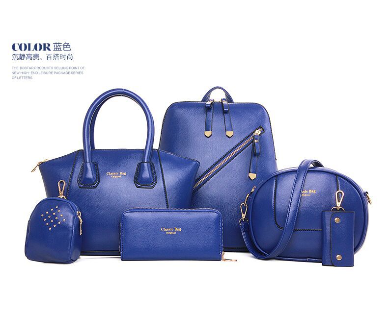 Gaohe Foreign trade autumn and winter style women's bag six piece bag solid color PU bag Single Shou: Blue