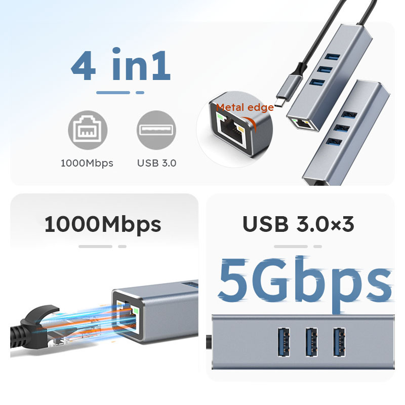 USB 3.0 HUB 1000Mbps 3 Ports USB 3.0 Type C HUB USB to Rj45 Gigabit Ethernet Adapter for MacBook Laptop Computer