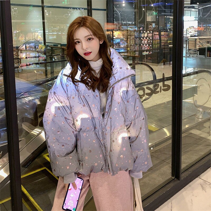 Vrouwen Winter Jas Parka Korte Vrouwen Ster Flash Jas Dames Warme Gewatteerde Jas Kleurrijke Reflecterende Glow Hooded Parka jassen