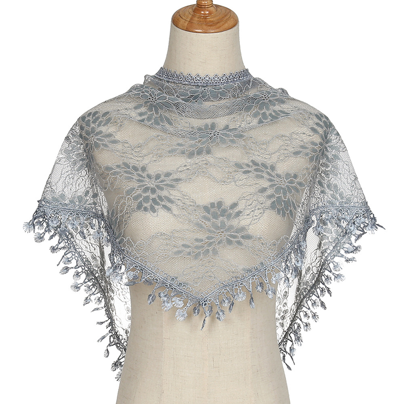 Foulard Triangle en dentelle pour femme et fille, écharpe fine, motif Floral, fleur de raisin, couleur unie, châles à pampilles ajourés: grey