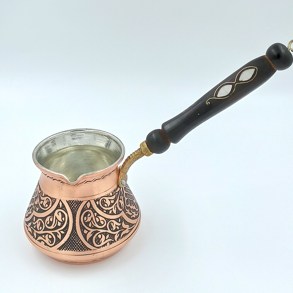 Copper Engraved Wooden Handle Coffee Pot Handmade Authentic Turkish Coffee Espresso Arabic Coffee Pot CPR08: 3 Cup