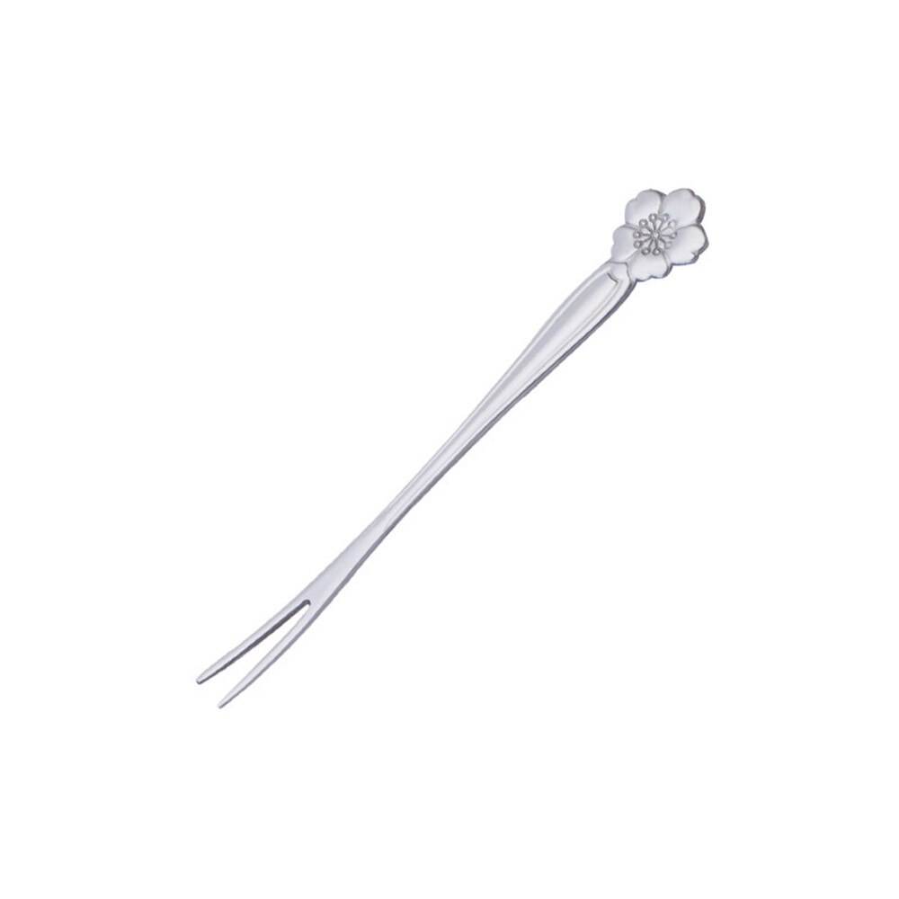 Tenedor de fruta de dos dientes de acero inoxidable forma de flor tarta postre tenedor suministros accesorios de vajilla de cocina: Silver 1
