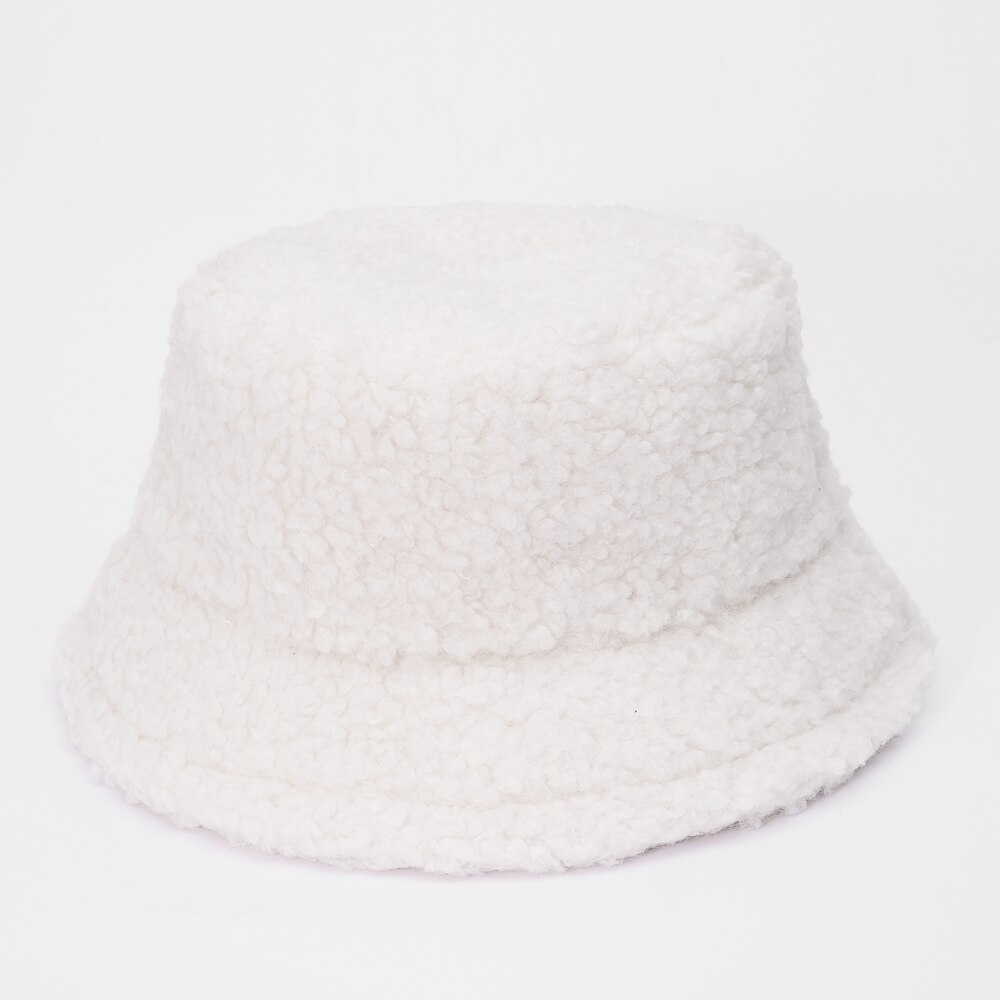 Bamse lam faux pels spand hat fortykket varm vinter hatte til kvinder fløjl cap dame bob panama udendørs plys fisker hat: Hvid