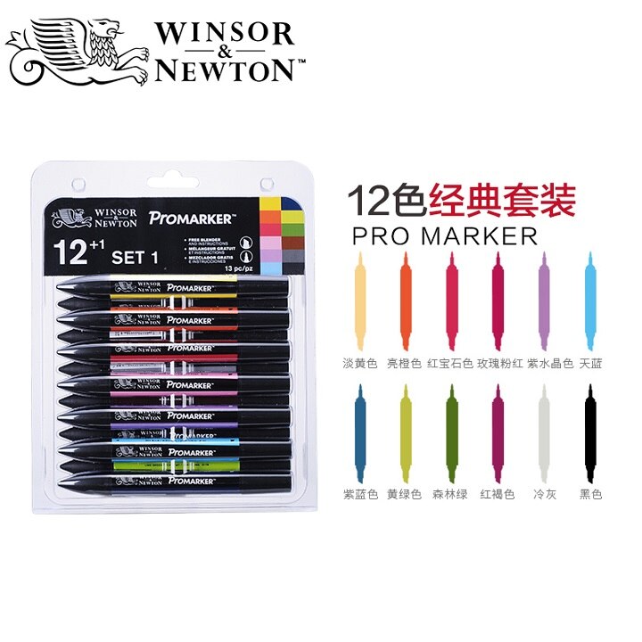 Winsor newton promarker 6/12 väriä taide tussi hieno kärki alkoholipohjainen markkeri kynät kaksipäiset kaksoismerkit animaatio: 12pc klassista settiä