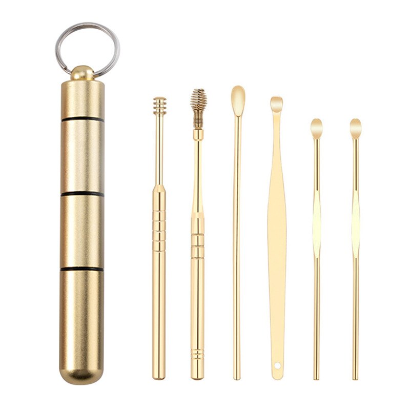 6 Stks/set Ear Wax Pickers Rvs Spiraal Earpick Wax Remover Curette Oor Pick Cleaner Oor Lepel Zorg Oor Schoonmaken gereedschap: Gold