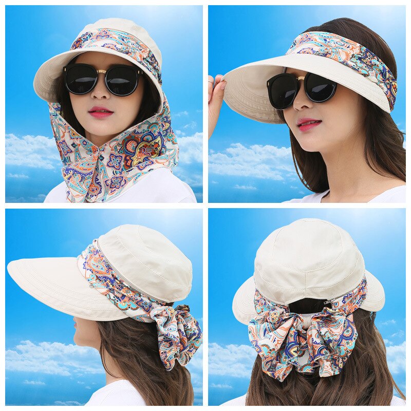 Gorra para mujer, sombrero para el sol, protección UV, de verano, flor personalizada con chal, sombrero plegable de borde grande, sombrero de sol de playa para mujer