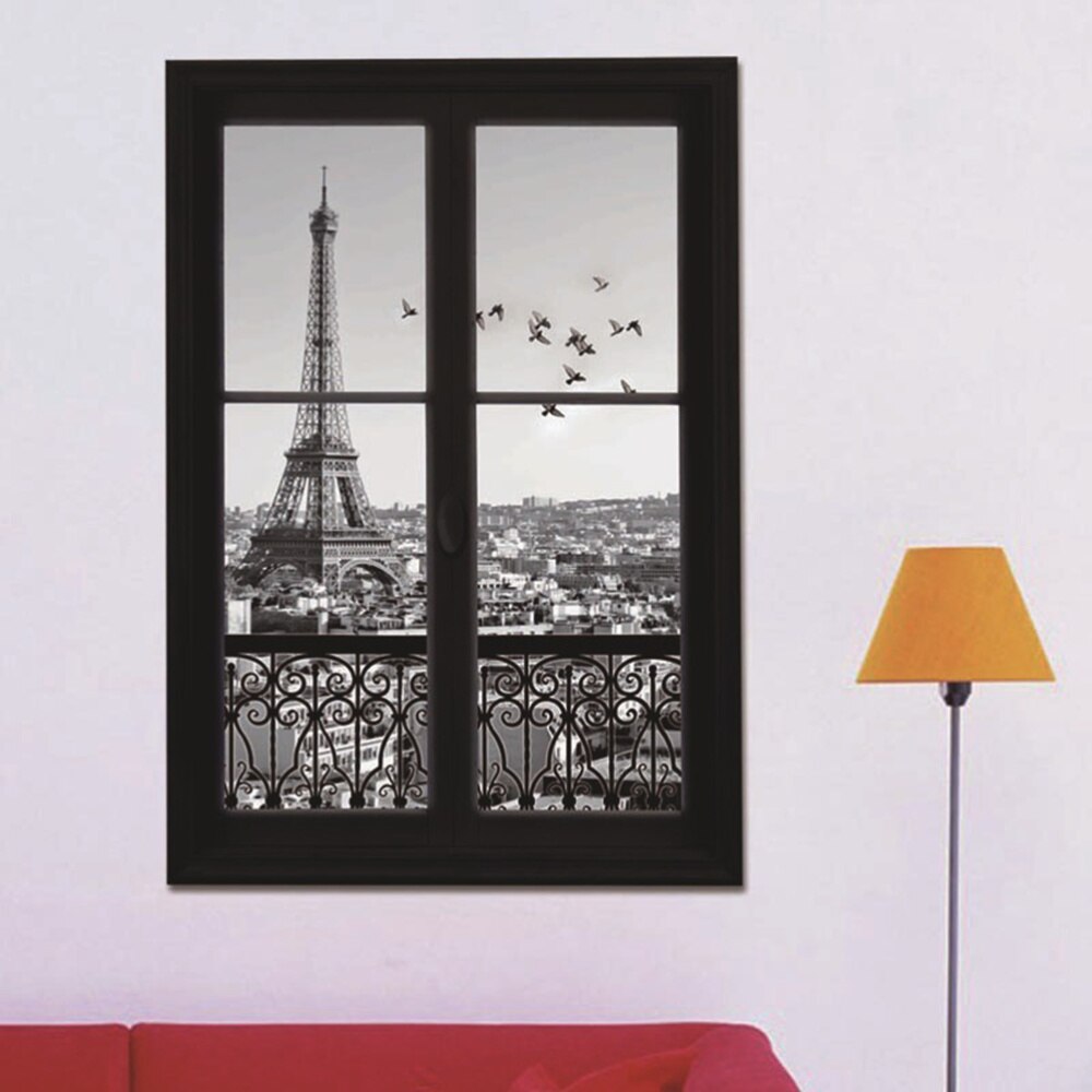 3D Wall Sticker Wall Decals 3D Window Eiffel Tower Paris City Removable Wall Stickers Art Decor Vinyl Decals Kids Room Mural